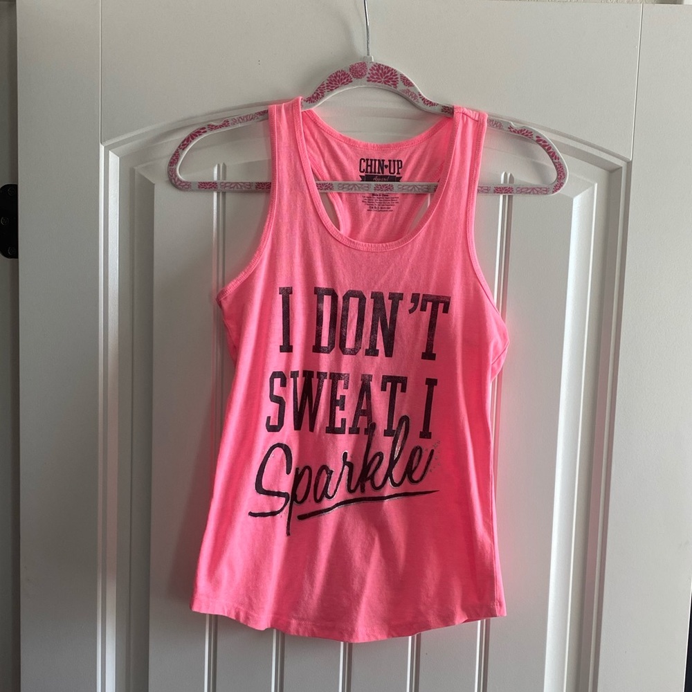 Pink “I don’t sweat, I sparkle” tank